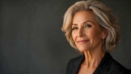 Confidence in Warm Light: A Woman in Her Fifties in a 4K Studio, 50mm Lens at f/2.0, Firm, Lustrous Skin Against a Glossy Charcoal Gray Backdrop