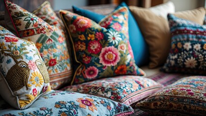 Vibrant close-up of decorative throw cushions featuring intricate floral patterns in various colors like blue, pink, and gold arranged on a sofa