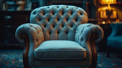 Obraz premium Cozy vintage armchair in a warmly lit room, surrounded by elegant decor and soft lighting