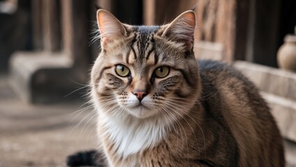 Obraz premium Detailed close-up of a Burmese cat with light brown fur and white chest, sitting in a rustic setting with warm wooden tones in soft focus background.