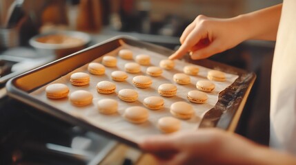 Close-up of hands holding a baking sheet with freshly baked macarons.