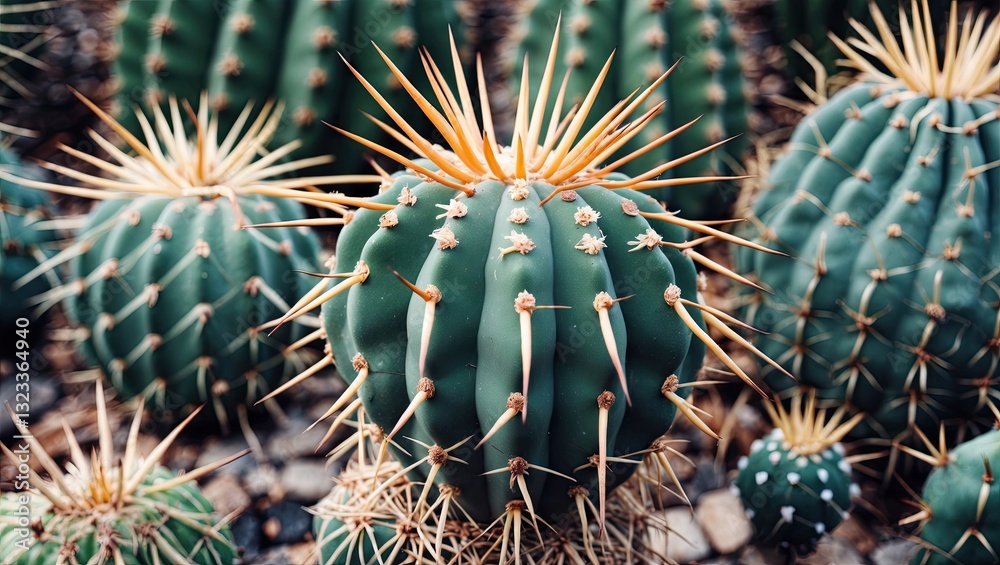 Poster Vibrant globe-shaped cactus with long spines in various shades of green against a textured ground featuring multiple similar cacti in the background.