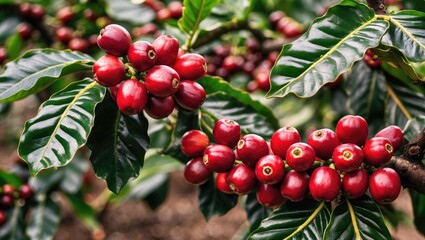 Obraz premium Vibrant close-up of fresh organic red coffee cherries on lush green coffee tree leaves with deep detail and ample copyspace for design elements.