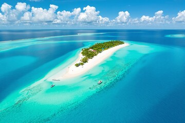 Obraz premium Aerial view of a tropical island surrounded by turquoise waters, white sandy beaches, and lush green palm trees under a blue sky with fluffy clouds. Ai generative