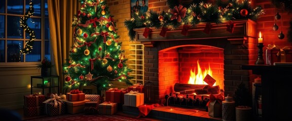 Fototapeta premium Cozy fireplace with decorated Christmas tree, presents, and warm glowing lights, comfort, lights