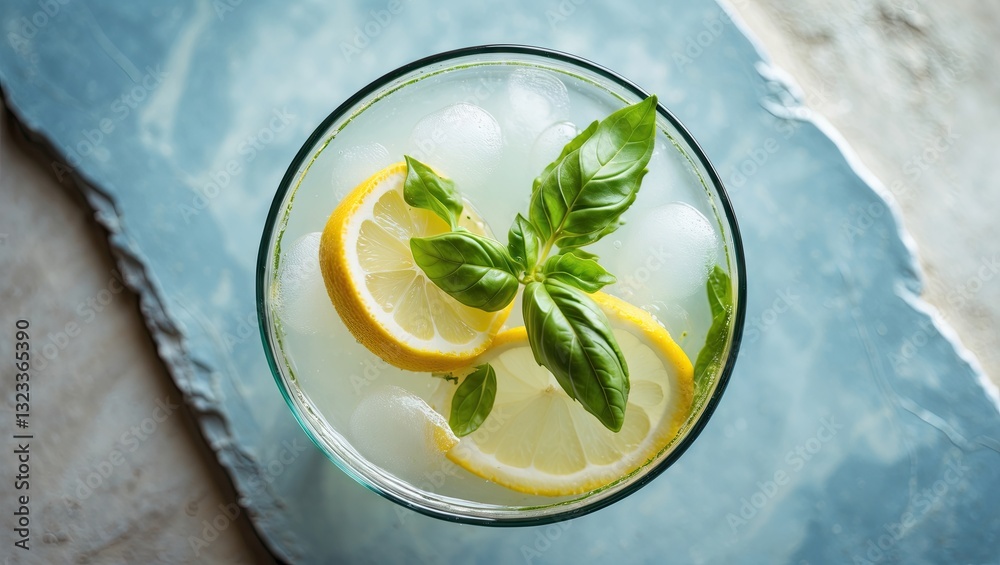 Poster refreshing basil lemonade with ice cubes and lemon slices in a clear glass positioned on a light blu