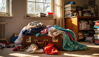Overpacked suitcase spilling clothes in cluttered bedroom, travel chaos