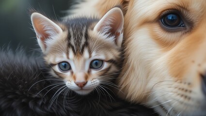 A heartwarming moment featuring a kitten snuggling with a golden retriever, showcasing their natural bond.