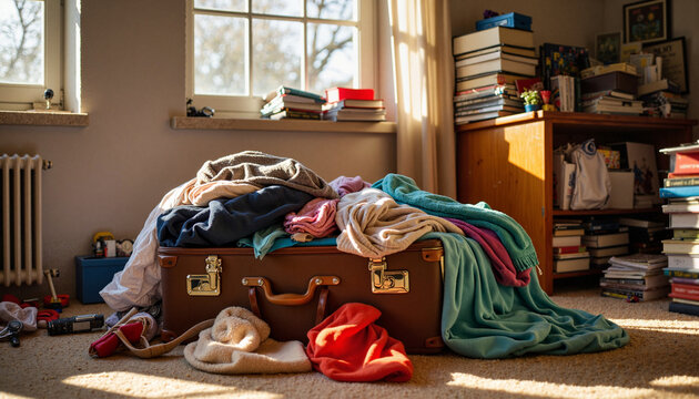 Overpacked suitcase spilling clothes in cluttered bedroom, travel chaos - Powered by Adobe