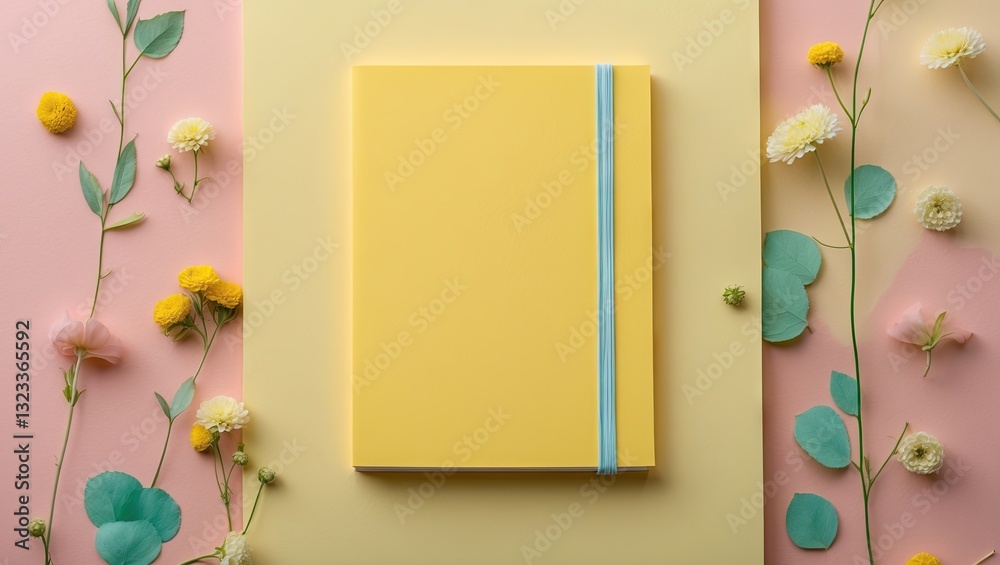 Aufkleber yellow notepad centered on a pastel pink and beige background surrounded by colorful flowers and gre
