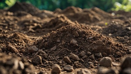 Close-up of rich dark brown loam soil with small rocks, blurred background with green foliage highlights, texture and detail in focus.