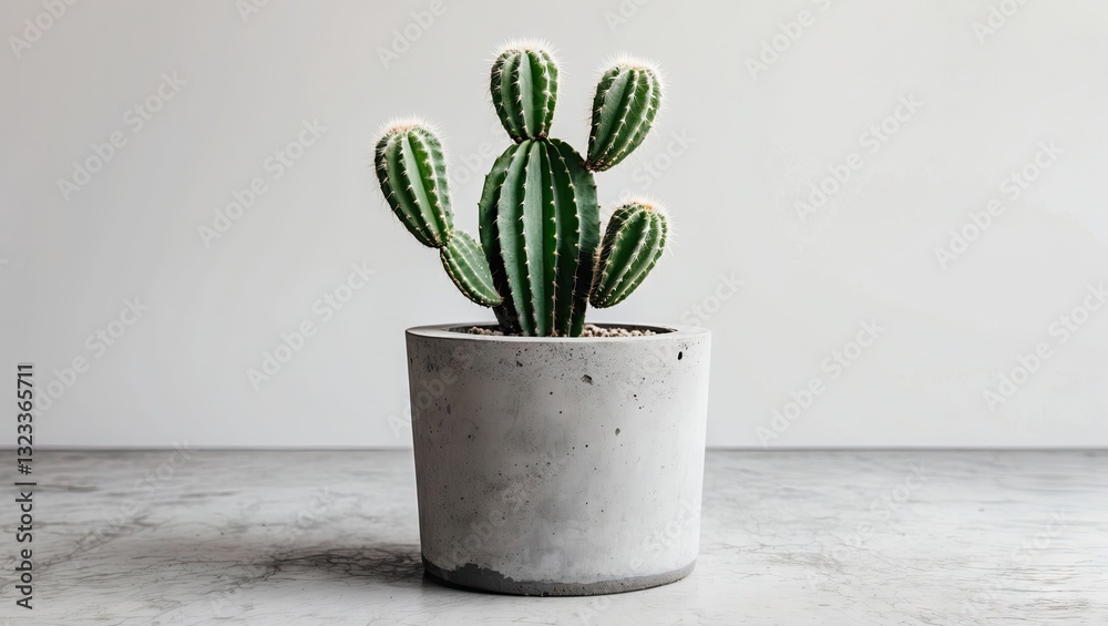 Poster green striped cactus in a grey concrete pot centered on a clean white background with soft shadows f