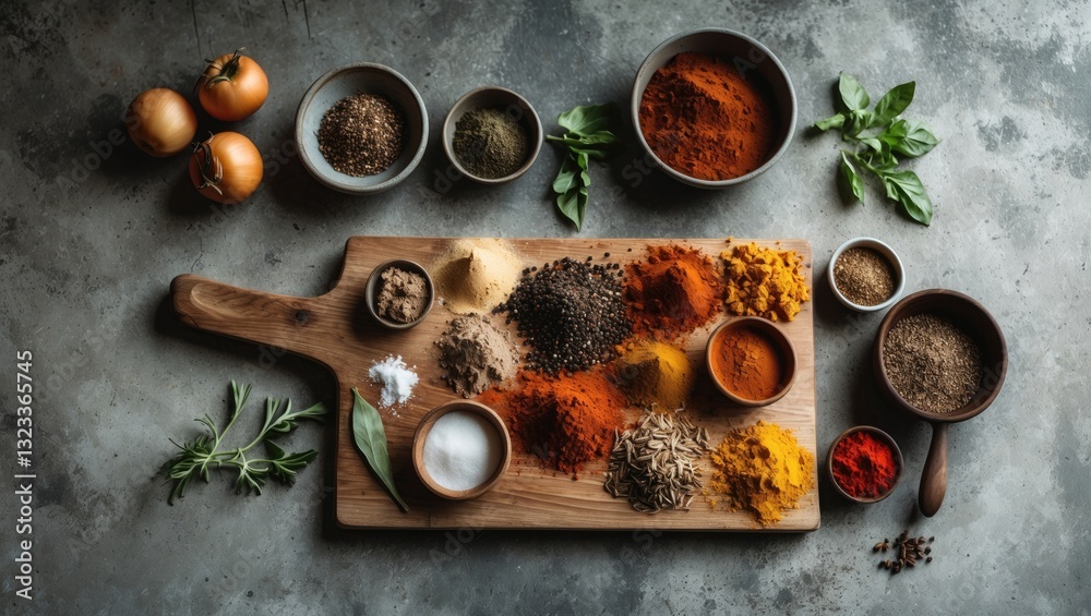 Poster Rustic wooden kitchen board displaying a vibrant array of spices and herbs on a textured concrete table, natural tones with space for text.