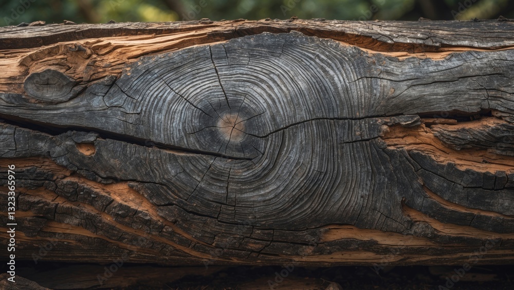 Fototapete Close-up of dark wooden log with intricate grain patterns and cracks, featuring rich browns and blacks, set against a blurred green forest background.