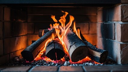 Close-up of vibrant orange flames dancing above dark, charred logs in a rustic brick fireplace with glowing embers in a warm atmosphere.