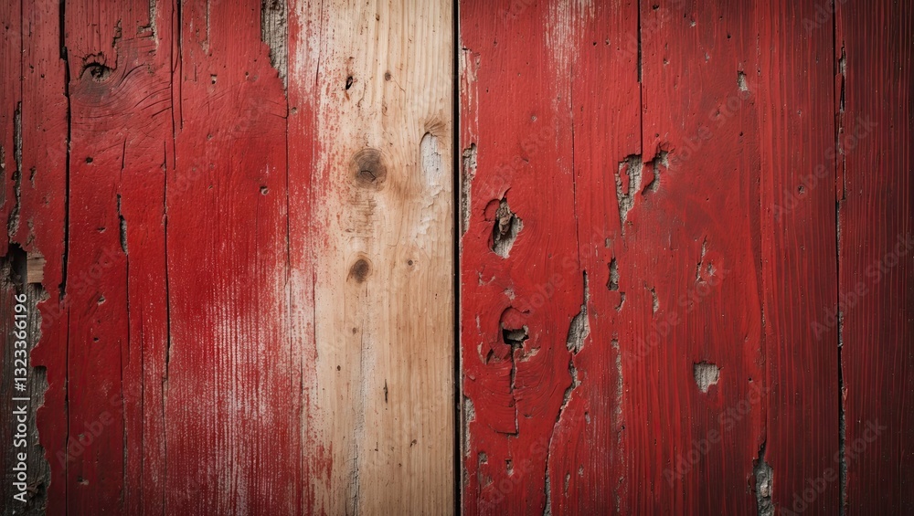 Aufkleber Bleached and stained red chipboard texture featuring rough, extra coarse wood grain with a grunge vignette effect and natural weathering details