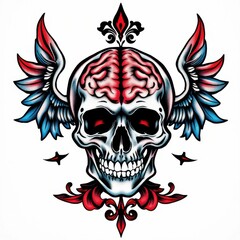 Mind's Flight: A stylized illustration of a skull with brain and wings, blending elements of human anatomy with fantastical design