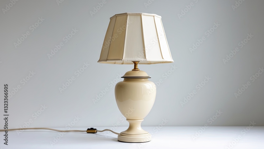 Poster cream-colored decorative table lamp with a pleated shade positioned centrally on a clean white surfa