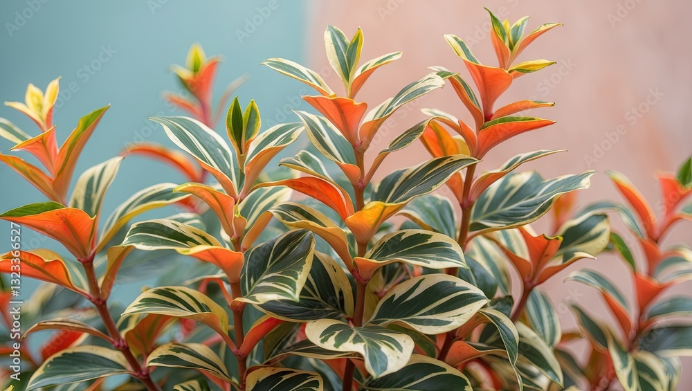 Poster vibrant close-up of codiaeum variegatum with green and orange leaves against a soft pastel backgroun