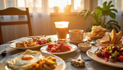Morning breakfast spread with sunlight filtering through, inviting warmth