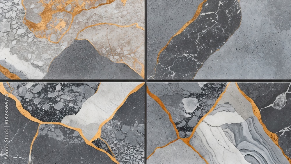 Poster gray and black marble texture with golden veins and natural patterns in four tile segments for inter