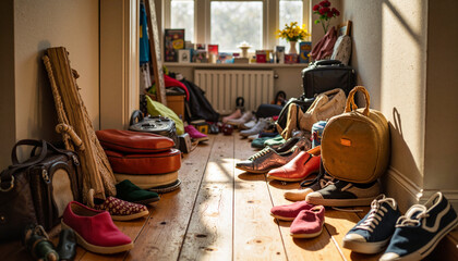 Chaotic entryway filled with colorful shoes and bags, warm ambiance