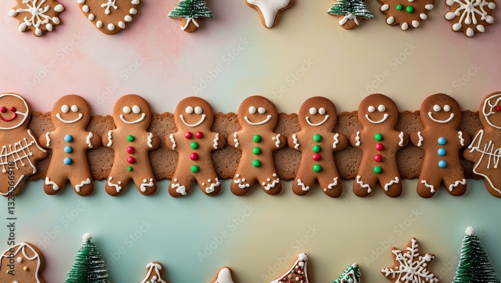 Poster Gingerbread cookie border on a pastel background featuring smiling figures with colorful decorations arranged in a fun festive pattern.