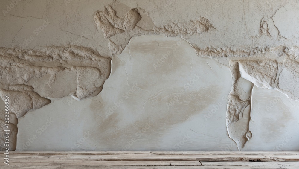 Aufkleber textured cement plaster wall with polished finish in soft beige tones, featuring irregular patterns 