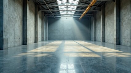 Sunlit Industrial Concrete Warehouse Interior Vast Empty Space with Skylights and Polished Floor Ideal for Product Photography or Architectural Design Presentation