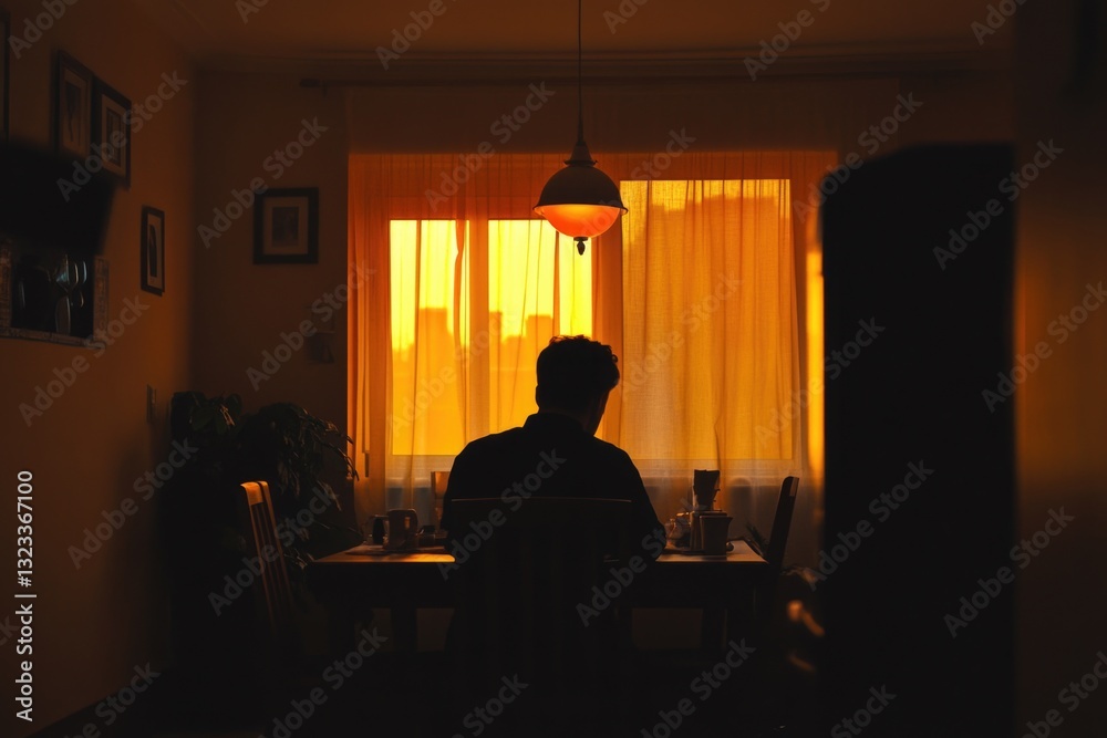 Poster a person sits at a table with a window view, perfect for interior design or office setting illustrat
