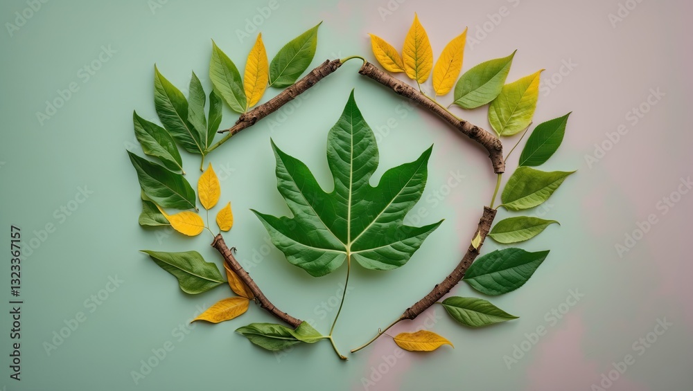 Poster leafy frame with vibrant green and yellow leaves arranged around a central large green leaf on a sof