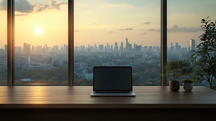 Modern office with minimalist desk, laptop, and plant, cityscape backdrop, soft daylight, professional and inviting ambiance