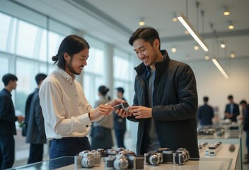 A group of people interacting with different cameras in a professional showroom, testing features and build quality. The scene highlights hands-on learning and shared enthusiasm for photography.