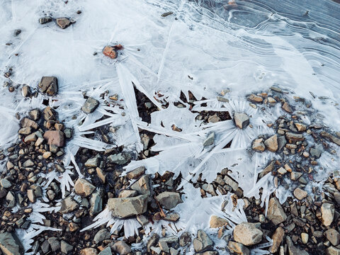 Frozen ice pattern on the shore of a lake