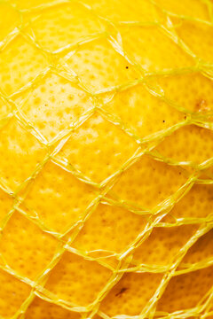 Close-Up of a Lemon in Yellow Mesh Packaging