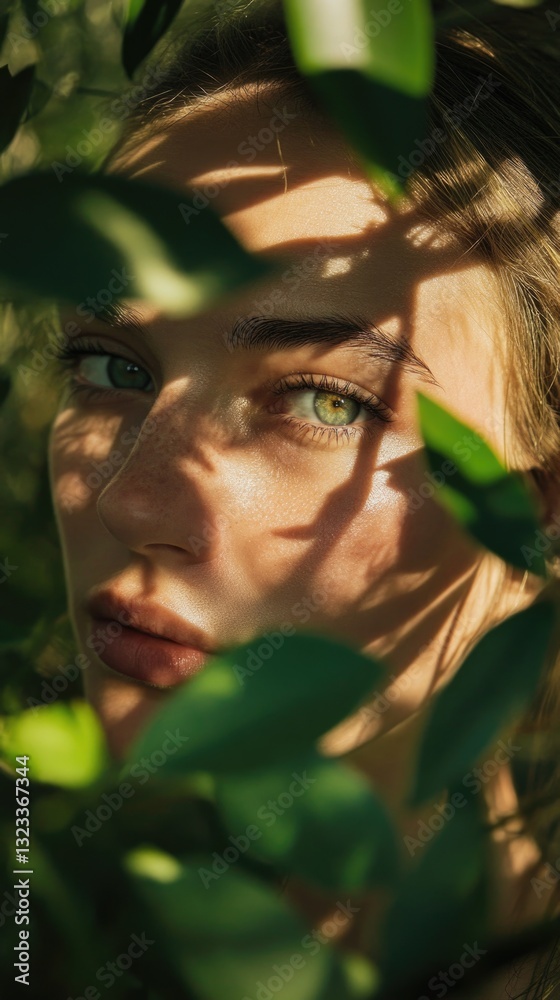 Poster close-up of a woman's face with piercing green eyes, ideal for use in portraits or editorial feature