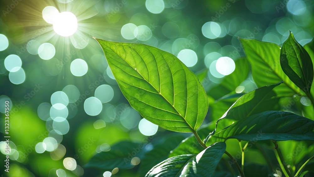 Fototapete close-up of vibrant green leaves with sunlight filtering through, creating a bokeh effect of light s