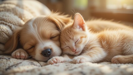 A heartwarming scene of a puppy and a kitten sleeping peacefully together in a sunlit room.