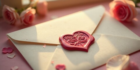 A romantic cream envelope sealed with a crimson heart-shaped wax emblem, adorned with delicate floral designs, rests on a soft pink surface, surrounded by pastel rose blossoms and scattered petals.