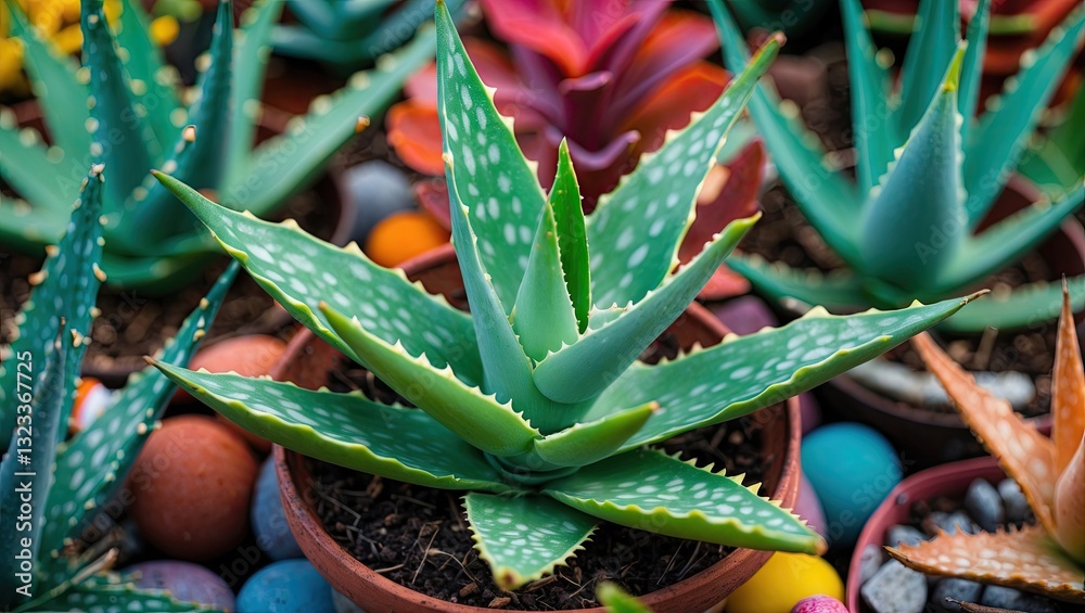 Poster close-up view of vibrant green aloe vera leaves in pots surrounded by colorful pebbles and additiona