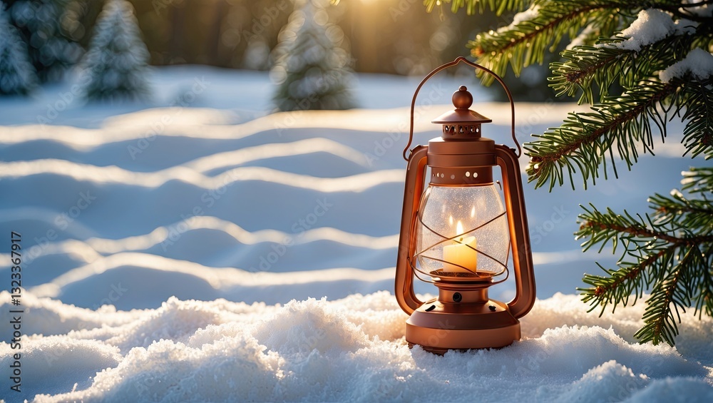 Poster warm copper lantern casting a soft glow on pristine white snow, surrounded by green fir branches in 