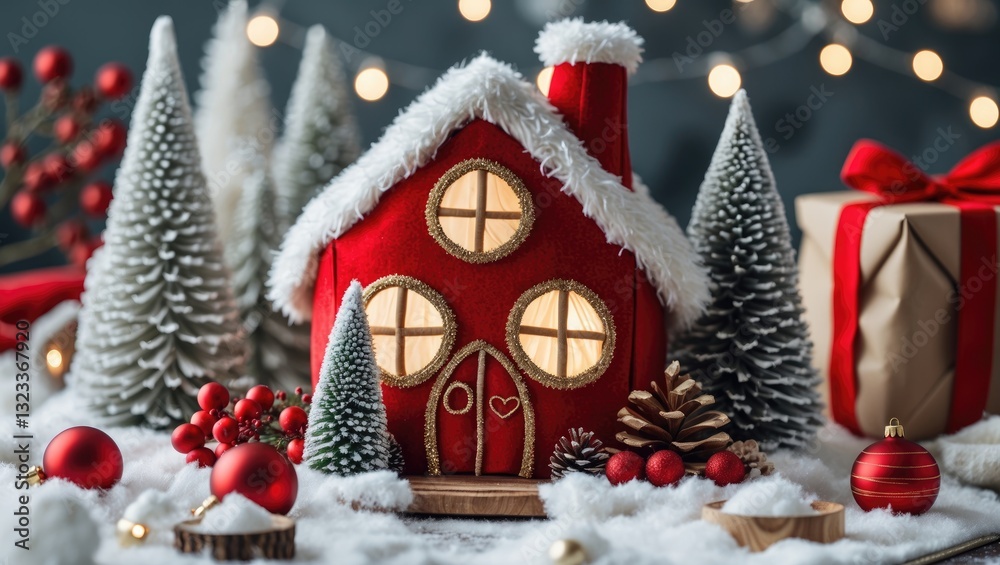 Poster festive scene with a red and white soft house at center surrounded by snowy trees shiny ornaments an