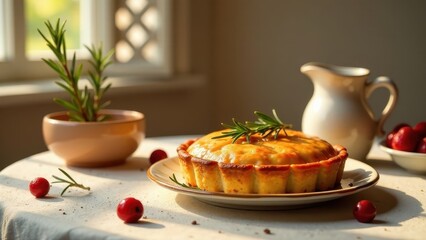Golden-crusted baked treat, adorned with fresh herbs, sits on a plate next to a small bowl of berries and a cream-colored pitcher, bathed in warm sunlight