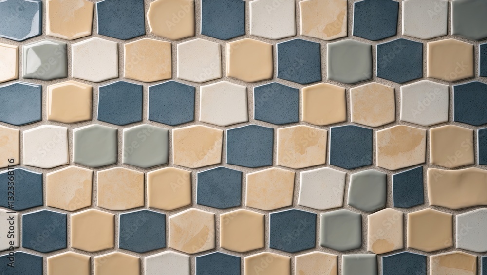 Aufkleber hexagonal ceramic tiles in earthy tones of beige, blue, and green arranged in a honeycomb pattern, c
