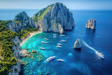 Stunning Aerial View of Capri Island Luxury Yachts at Blue Grotto Beach