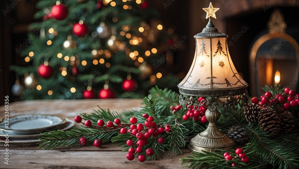 Poster christmas table setting featuring a vintage lamp on the left, decorated with greenery and red berrie