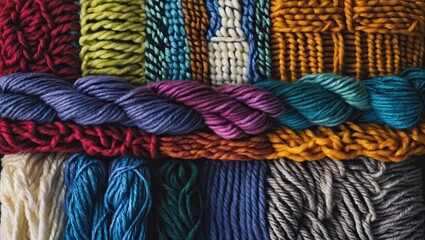 Colorful knitted yarns displayed in flat rows featuring vibrant reds, blues, greens, yellows, and purples showcasing diverse textures and patterns.