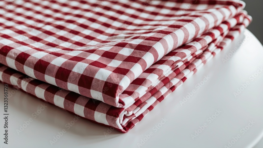 Aufkleber Red and white checked tablecloth folded neatly on a white table surface with natural lighting highlighting the fabric texture and pattern.