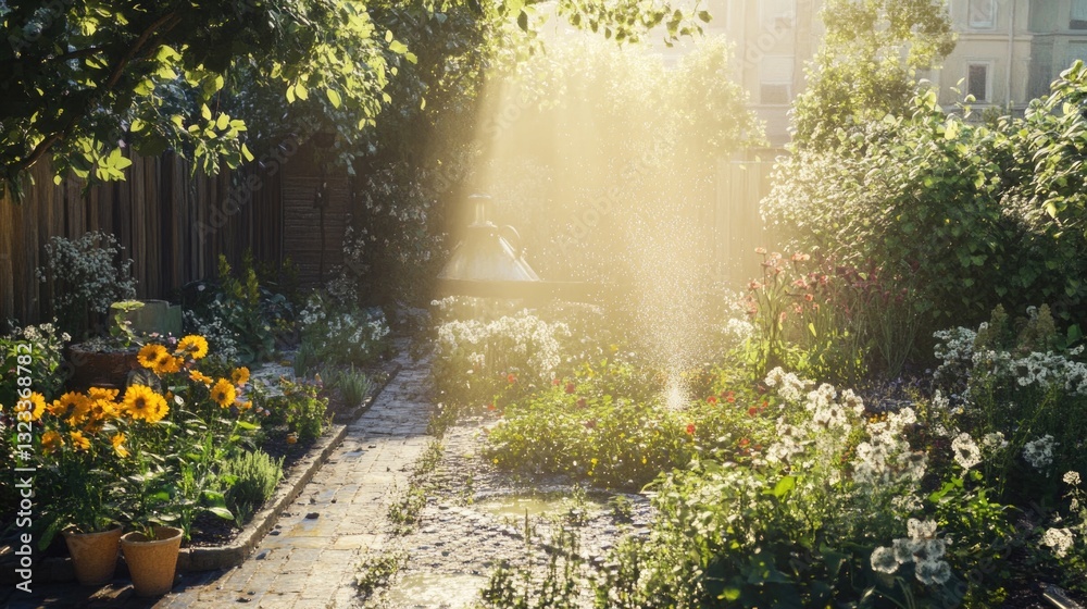 Poster A serene garden setting with sunlight filtering through the trees