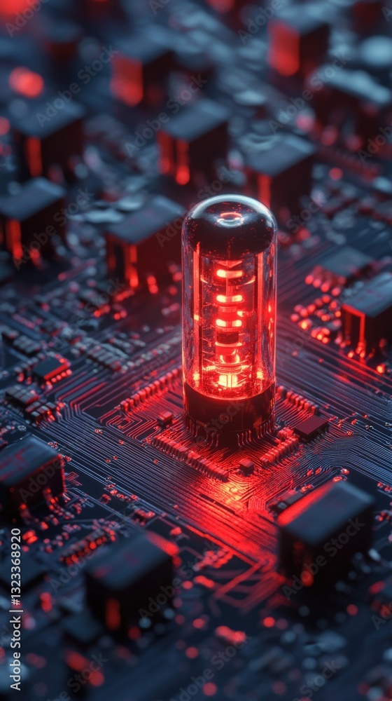Poster a close-up view of a single red light on a circuit board, used for electronic devices and machinery